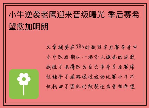 小牛逆袭老鹰迎来晋级曙光 季后赛希望愈加明朗