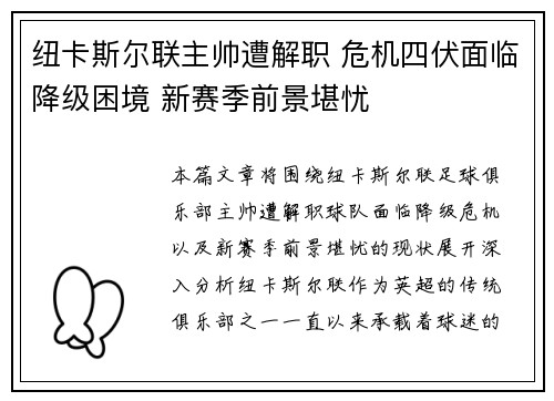 纽卡斯尔联主帅遭解职 危机四伏面临降级困境 新赛季前景堪忧