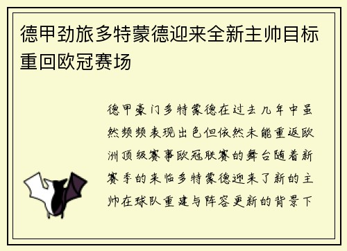 德甲劲旅多特蒙德迎来全新主帅目标重回欧冠赛场
